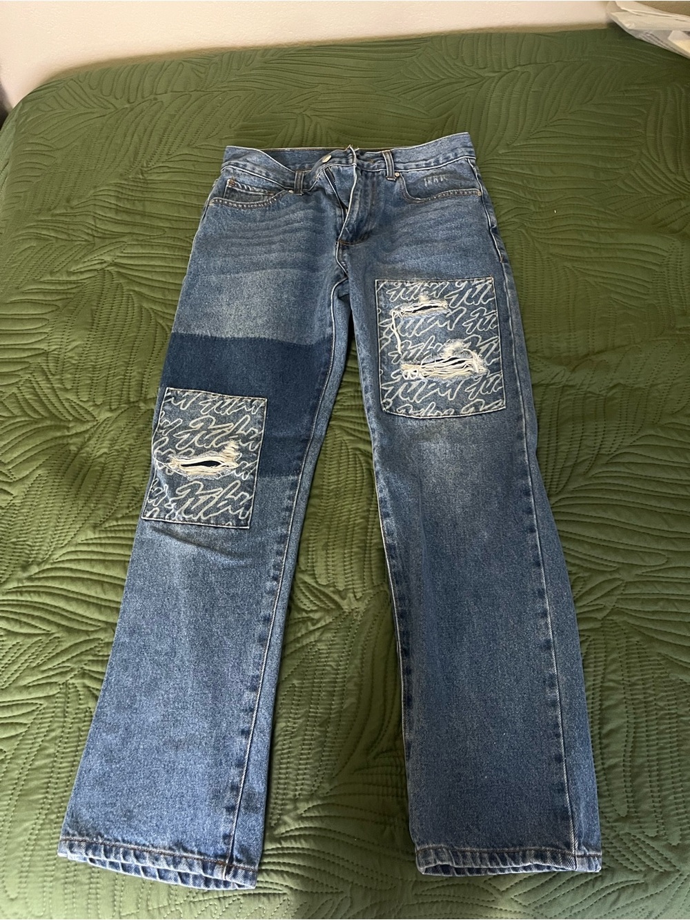 Forever 21 Blue Patchwork Straight Leg Jeans